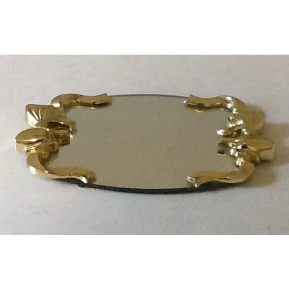 1980's Vintage Vanity Oval Mirror Tray With Gold Bow Handles - Picture 3 of 5